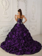 Purple Ball Gown Sweetheart Chapel Train Pretty Quinceanera Dresses with Taffeta and Organza Appliques