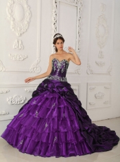 Purple Ball Gown Sweetheart Chapel Train Pretty Quinceanera Dresses with Taffeta and Organza Appliques