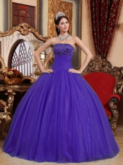 Purple Beading and Sequins Strapless Tulle Appliques with Beading Ball Gown Dress