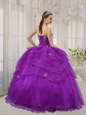Purple Strapless Organza Appliques and  Beading Ball Gown Dress with Ruffled Layers