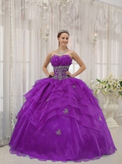 Purple Strapless Organza Appliques and Beading Ball Gown Dress with Ruffled Layers
