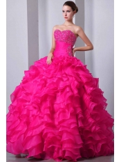 Quinceanea Dress In Coral Red A-Line / Princess Sweetheart With Organza Beading and Ruffles In New Styles