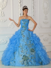 Quinceanera Dress In Exquisite Ball Gown Strapless With Embroidery In Aqua Blue In New Styles