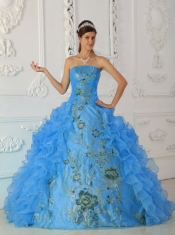 Quinceanera Dress In Exquisite Ball Gown Strapless With Embroidery In Aqua Blue In New Styles