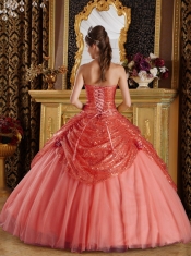 Quinceanera Dress In Rust Red Ball Gown Sweetheart With Sequined and Tulle Handle Flowers In Classical Style