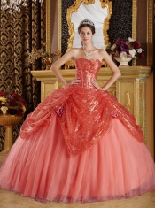 Quinceanera Dress In Rust Red Ball Gown Sweetheart With Sequined and Tulle Handle Flowers In Classical Style