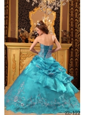 Quinceanera Dress In Teal Ball Gown Strapless With Organza Beading In Classical Style