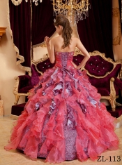 Quinceanera Dress In Watermelon Ball Gown Sweetheart With Beading Leopard and Organza
