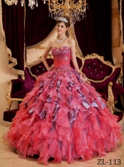Quinceanera Dress In Watermelon Ball Gown Sweetheart With Beading Leopard and Organza