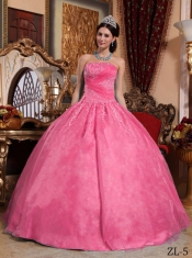 Quinceanera Dresses In Hot Pink Ball Gown Strapless With Organza Appliques In Classical Style