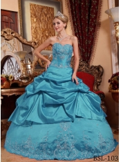 Quinceanera Dresses In Teal Ball Gown Sweetheart With Taffeta Embroidery And Beading In Classical Style