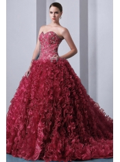 Red A-Line / Princess Sweetheart Brush Train Organza Beading and Ruffles Ball Gown Dress