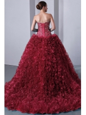 Red A-Line / Princess Sweetheart Brush Train  Organza Beading and Ruffles Ball Gown Dress