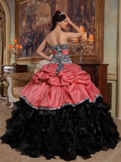Red and Black Sweetheart Pick-ups Taffeta and Organza Ball Gown Dress with Zebra and Hand Made Flower
