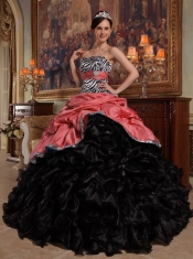 Red and Black Sweetheart Pick-ups Taffeta and Organza Ball Gown Dress with Zebra and Hand Made Flower