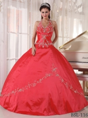 Red Ball Gown Halter With Taffeta Appliques Classical Quinceanera Dresses