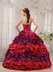 Red Ball Gown Straplesas Pretty Quinceanera Dresses with Taffeta Appliques and Ruch