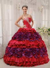 Red Ball Gown Straplesas Pretty Quinceanera Dresses with Taffeta Appliques and Ruch