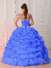 Romantic Satin and Organza Blue Ball Gown Straps Floor-length  Appliques Beautiful Quinceanera Dress