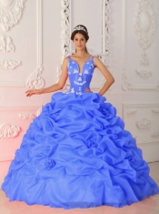 Romantic Satin and Organza Blue Ball Gown Straps Floor-length Appliques Beautiful Quinceanera Dress