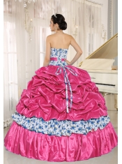 Romantic Sleeveless Taffeta and Printing Beaded and Pick-ups For Coral Red Quinceanera Dress