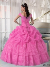 Rose Pink Ball Gown Off The Shoulder 15th Birthday Dresses Taffeta and Organza Beading