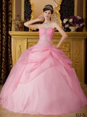 Rose Pink Ball Gown Strapless 15th Birthday Dresses Organza Beading