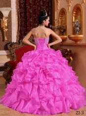 Rose Pink Ball Gown Strapless 15th Birthday Dresses Organza Beading and Appliques