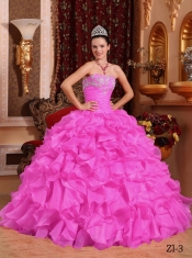 Rose Pink Ball Gown Strapless 15th Birthday Dresses Organza Beading and Appliques