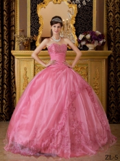Rose Pink Ball Gown Sweetheart 15th Birthday Dresses with Appliques Organza