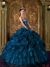 Ruffels Organza Strapless Appliques Ball Gown Dress in Navy Blue