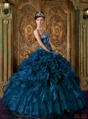 Ruffels Organza Strapless Appliques Ball Gown Dress in Navy Blue