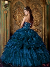 Ruffels Organza Strapless Appliques Ball Gown Dress in Navy Blue