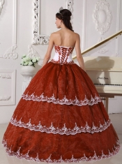 Rust Red and White Strapless Organza Ball Gown Dress with Appliques