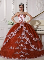 Rust Red and White Strapless Organza Ball Gown Dress with Appliques