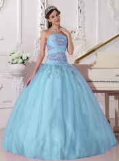 Sky Blue Ball Gown Strapless 15th Birthday Dresses Taffeta and Tulle Beading