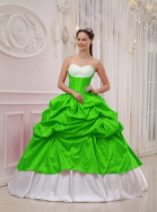 Spring Green and White Ball Gown Sweetheart 15th Birthday Dresses Taffeta Beading and Pick-ups