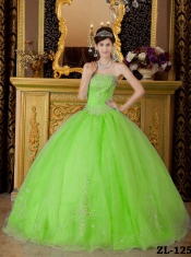 Spring Green Ball Gown Beadings Organza Strapless Best Quinceanera Dresses