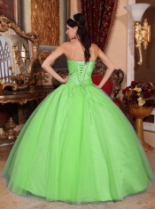 Spring Green Ball Gown Floor-length Lace-up Tulle and Taffeta Beading  Cheap Quinceanera Dresses