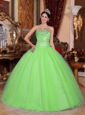 Spring Green Ball Gown Floor-length Lace-up Tulle and Taffeta Beading Cheap Quinceanera Dresses