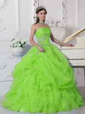 Spring Green Ball Gown Strapless 15th Birthday Dresses Organza Beading
