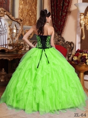 Spring Green Black Embroidery with Beading Ruffles Sweetheart Ball Gown Organza Best Quinceanera Dresses