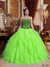 Spring Green Black Embroidery with Beading Ruffles Sweetheart Ball Gown Organza Best Quinceanera Dresses