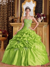 Spring Green Strapless Pick-ups Taffeta Appliques and Beading Ball Gown Dress