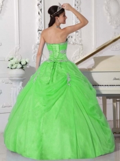 Spring Green Strapless Taffeta and Tulle Appliques and Hand Made Flower Ball Gown Dress