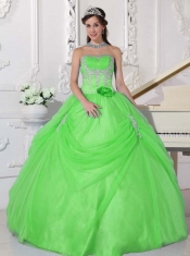 Spring Green Strapless Taffeta and Tulle Appliques and Hand Made Flower Ball Gown Dress