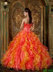 Strapless 2014 Spring Quinceanera Dresses Orange Red  Beadings and Ruffles Organza Ball Gown