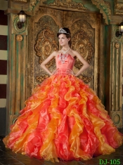 Strapless 2014 Spring Quinceanera Dresses Orange Red Beadings and Ruffles Organza Ball Gown