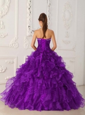 Strapless and Ruffles Purple Satin and Organza Purple and Embroidery Beadings Best Quinceanera Dresses