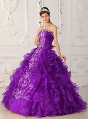 Strapless and Ruffles Purple Satin and Organza Purple and Embroidery Beadings Best Quinceanera Dresses